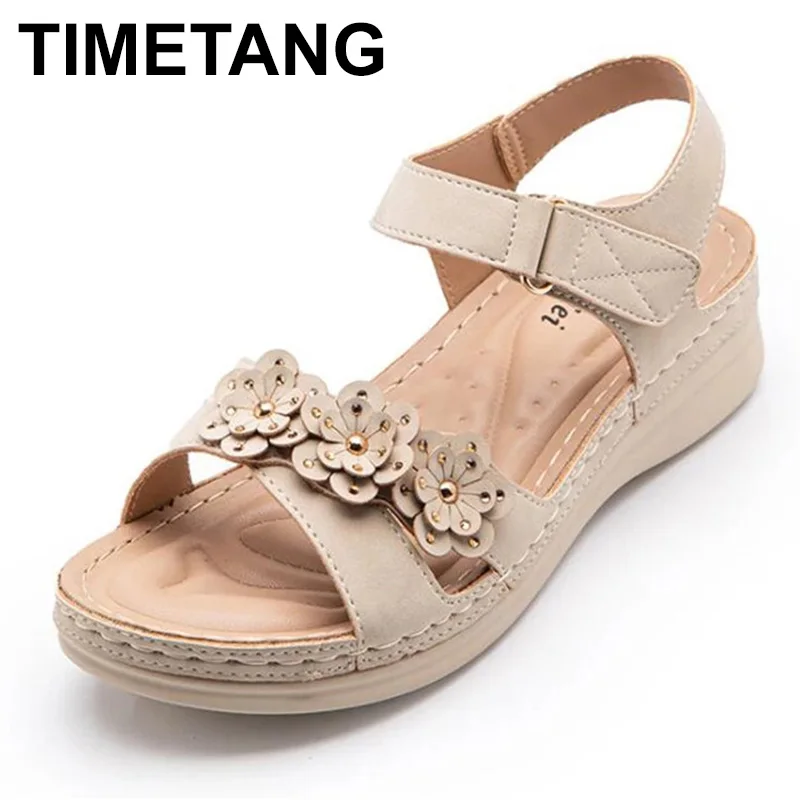 

TIMETANG Women Summer Sandals Sweet Floral Wedged Sandals Large Size Comfortable PU Leather Sandals New