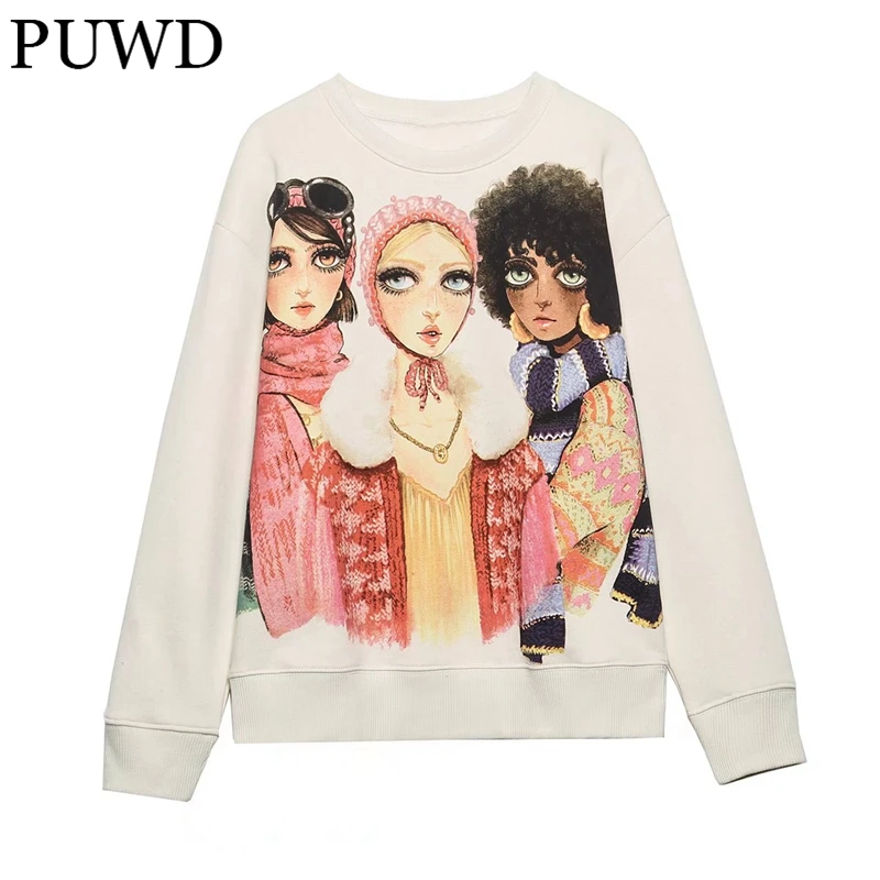 

PUWD Y2K Women O Neck Printed Sweatshirt 2022 Spring Fashion Ladies Fleece Streetwear Pullover Female Chic Long Sleeve Top
