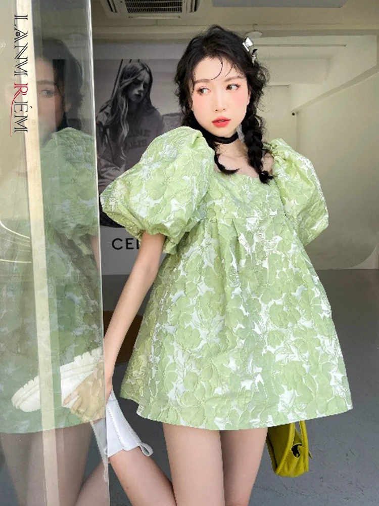 LANMREM Короткое мини-платье с пышными рукавами квадратный воротник печать зеленого