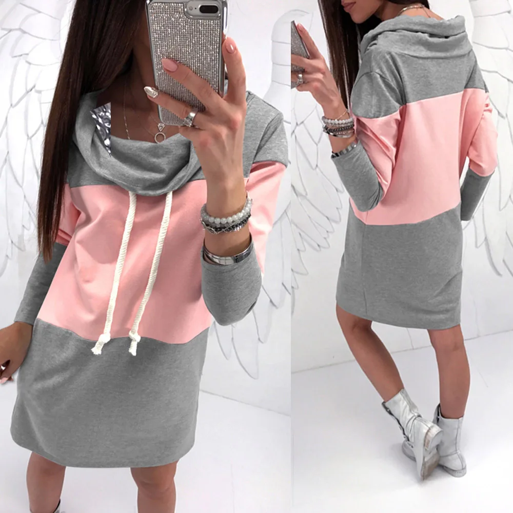 2020 Women Spring Bow Neck Dress Fashion Casual Long Sleeve Loose Grey Pink Patchwork Dresses Female Autumn Clothing