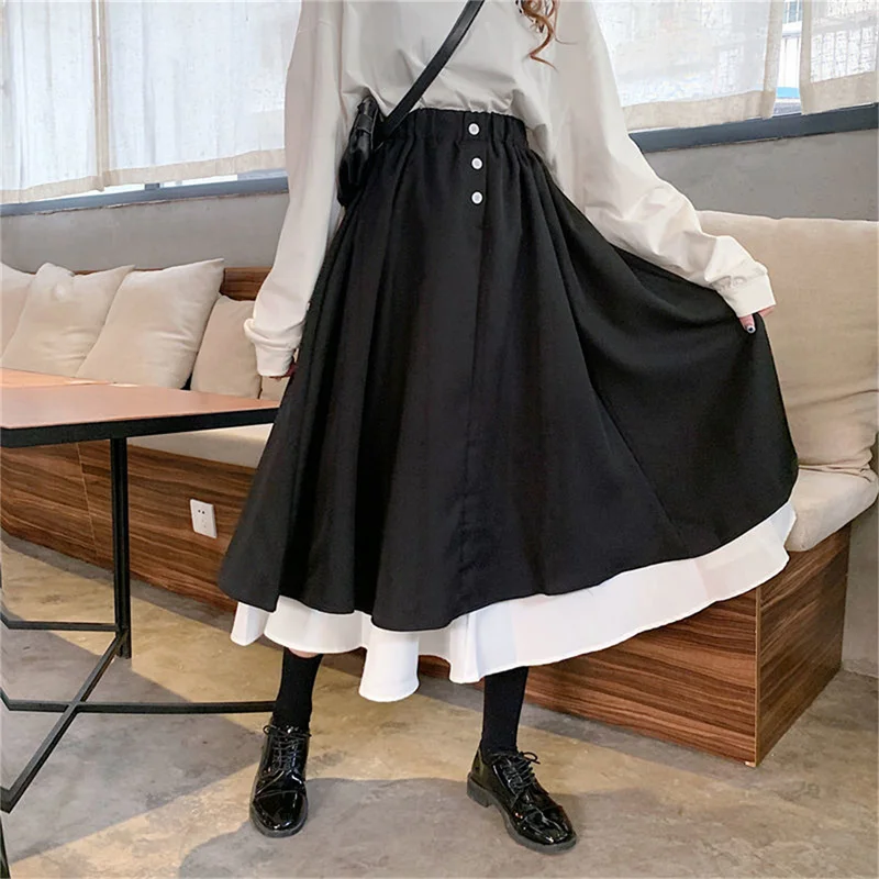 

Lovely Patchwork Elastic Waist Skirts Women Chic Korean Retro Ruffles Fall Skirt All-match Summer And Autumn Basic Ladies Skirts