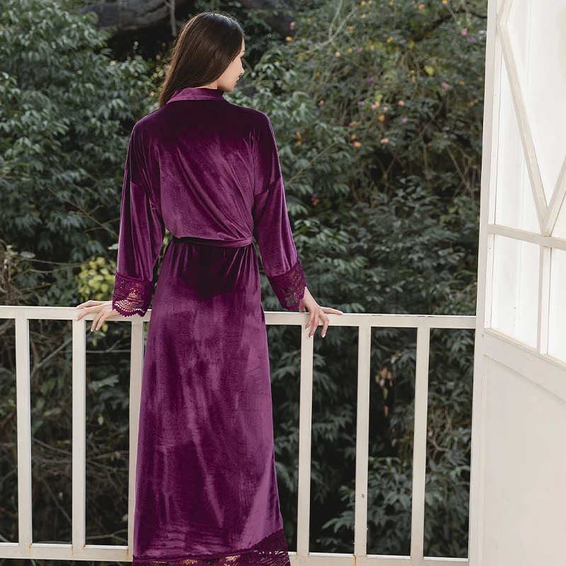 Bride Bridesmai Long Velvet Robes with Lace Robe for Women Party Soft Fuzzy  Wedding Homewear Bathrobe purple velvet robe