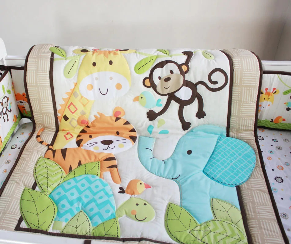 8pcs Baby Bedding Set elephant monkey for new born cot nursery use comforter crib sheet skirt bumpers and nappy stacker | Мать и ребенок