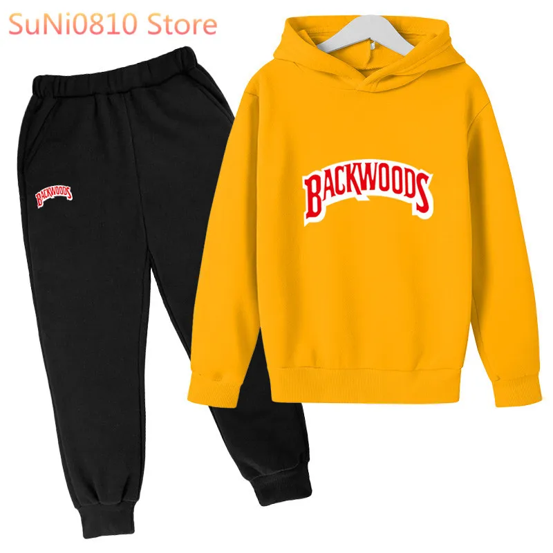 

2-12 Years Old Children's Winter New BACKWOODS Letter Printing Boys Girls Fleece Sweater Suit Hooded Plush Sportswear Children