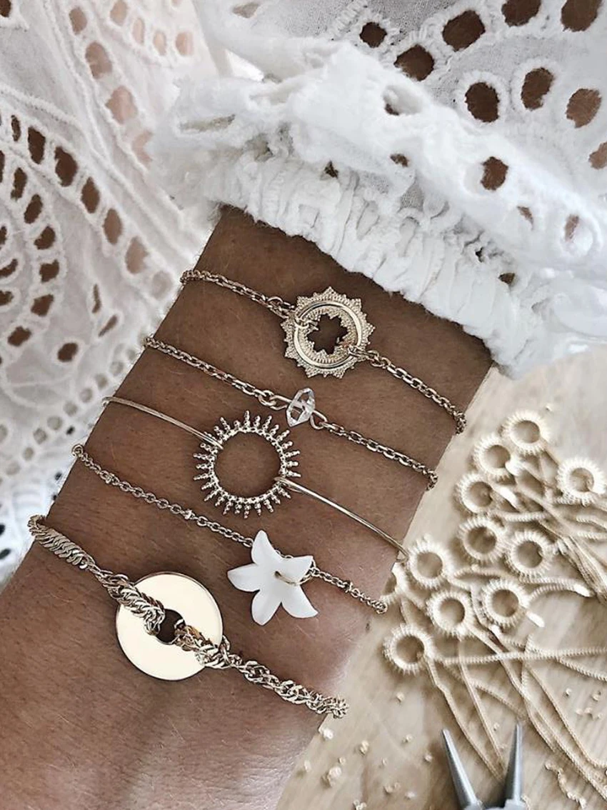 Набор браслетов белый цветок луна круг шарм и зеленый синий бисер сплав оболочка