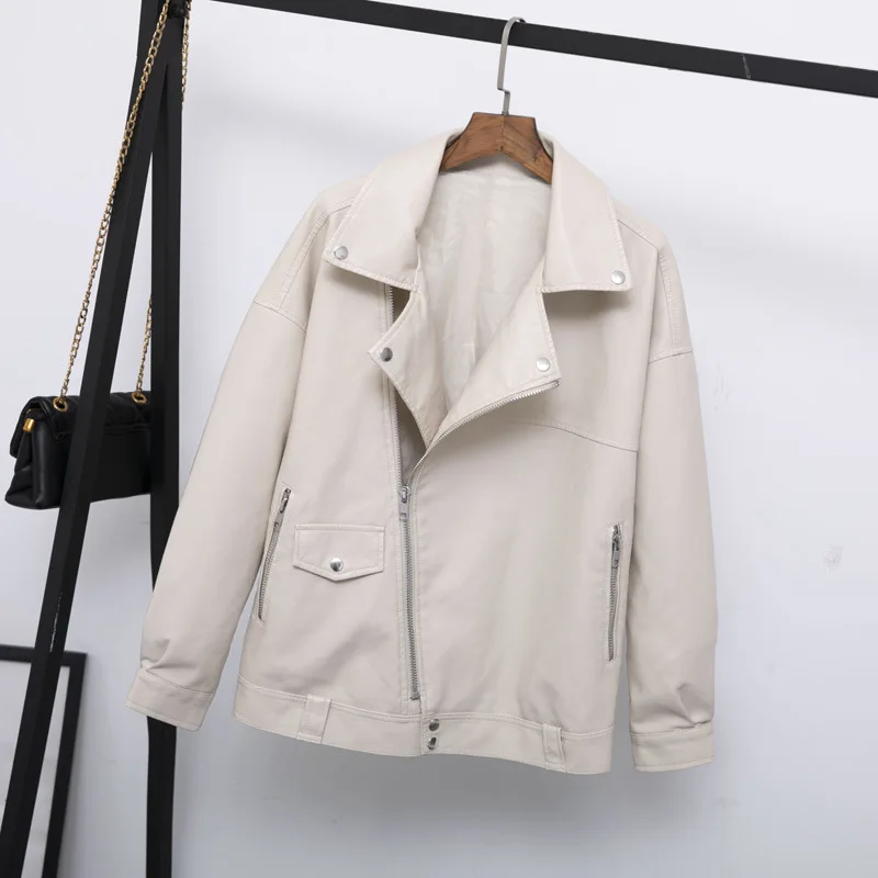 

Autumn artificial soft leather PU coat ladies loose punk coat female collar rivet zipper street coat 2021 women