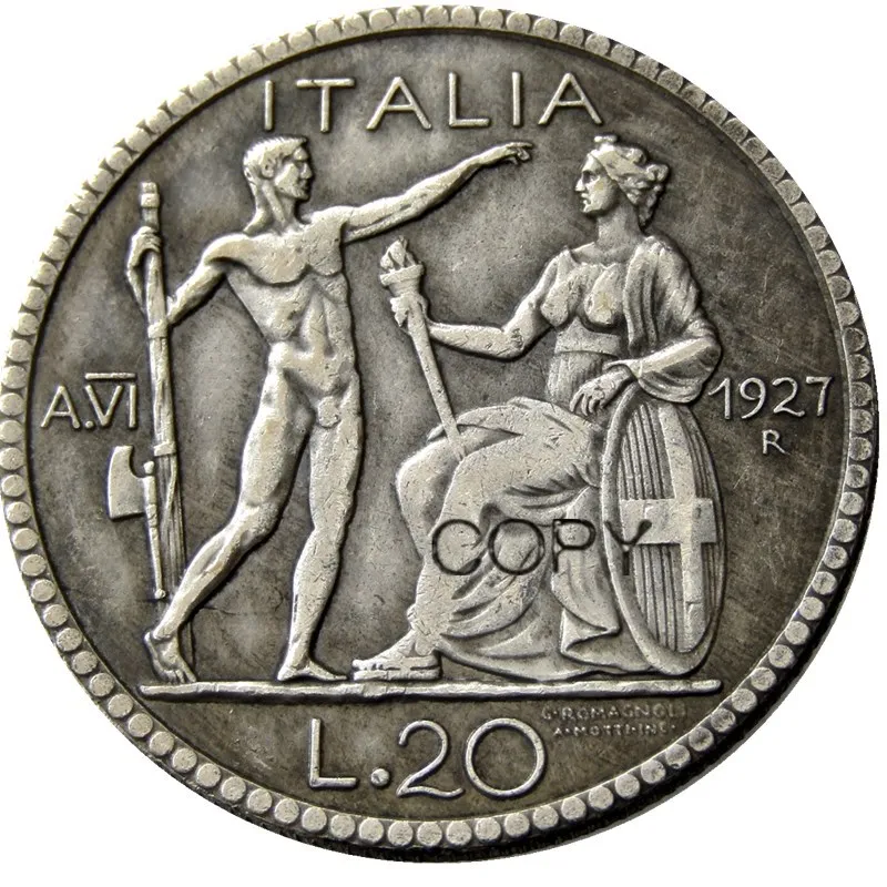 Italy 20 Lire 1927 or 1928 R 2pcs Silver Plated Copy Coins |