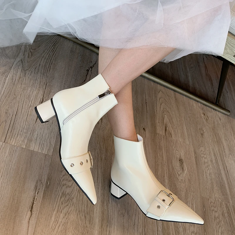 

Original Intention Elegant Black Ankle Boots Woman Pointed Toe Chunky Heels Mid Heels Genuine Leather Buckle Casual Shoes Woman