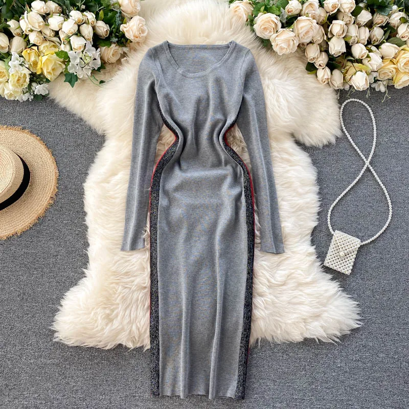 Женское трикотажное платье SINGRAIN осенне-зимнее в Корейском стиле с круглым