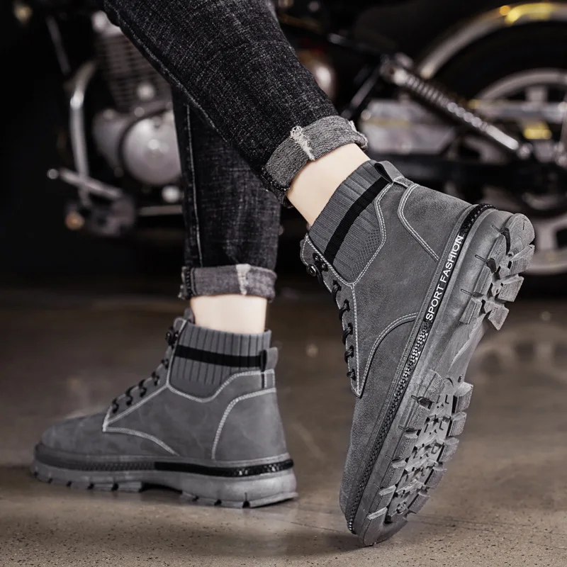 

Brand New Men's Boots Autumn Winter British Breathable Working Boots Flock High Top Retro Trendy Shoes Male