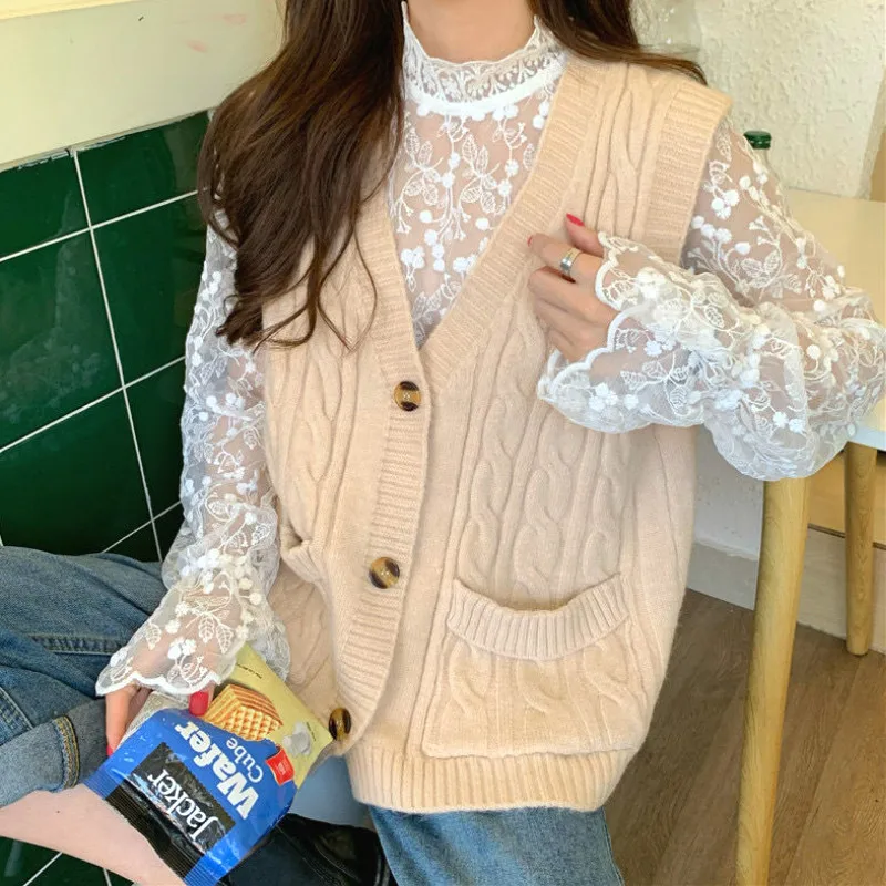 

Knitted Sweater Vest Women Colorful Elegant Pocket V-neck Simple All-match Trendy Vintage Solid Daily Outwear Soft Sleeveless