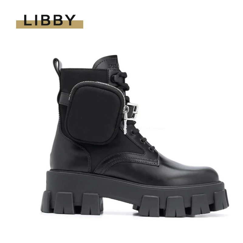 Женские мотоциклетные ботинки со шнуровкой Черные ботильоны на платформе с