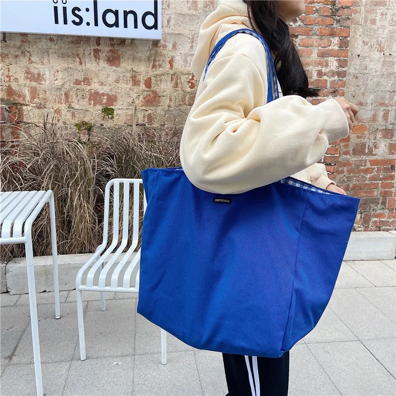 

Vintage Plaid Canvas Bag for Women Female Ladies Casual Big Double Sided Shoulder Bag Student Large Capacity Tote Travel Handbag