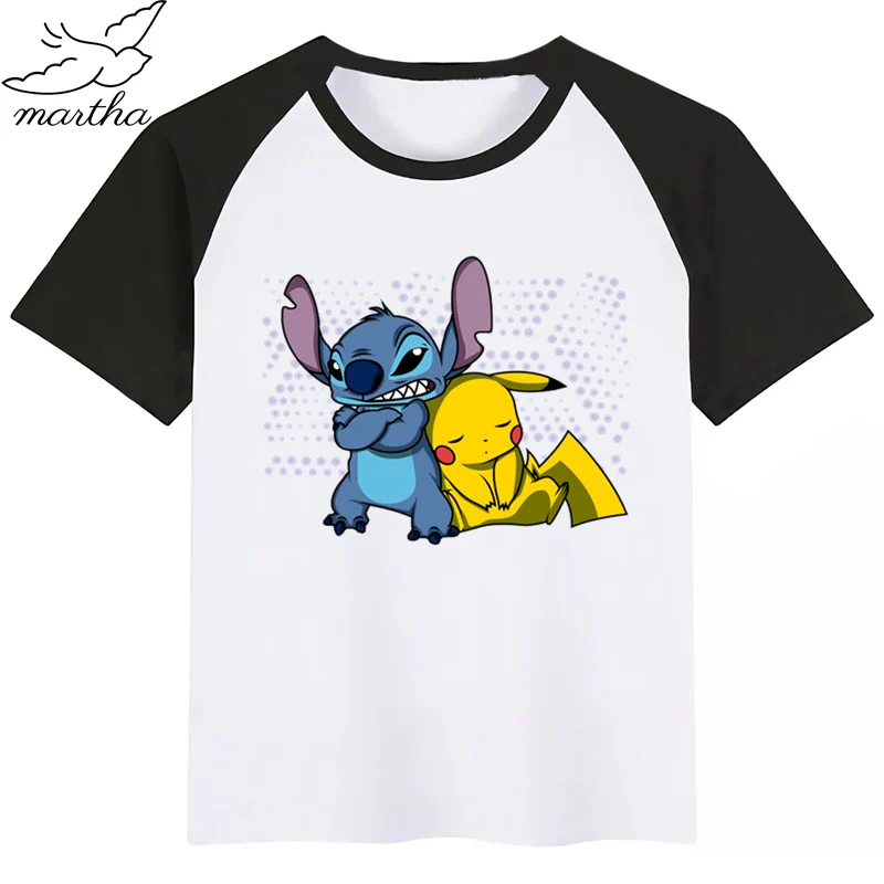 Детская забавная футболка с рисунком Стича и Пикачу круглым вырезом для