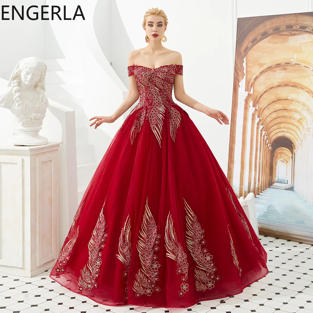 Новинка 2021 элегантное красное вечернее платье с золотой вышивкой А-силуэта в пол