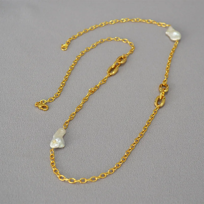 

CHUANGU Minimalist Irregular Baroque Freshwater Pearl Stitching Long Necklace Sweater Chain Necklace Jewelry For Women