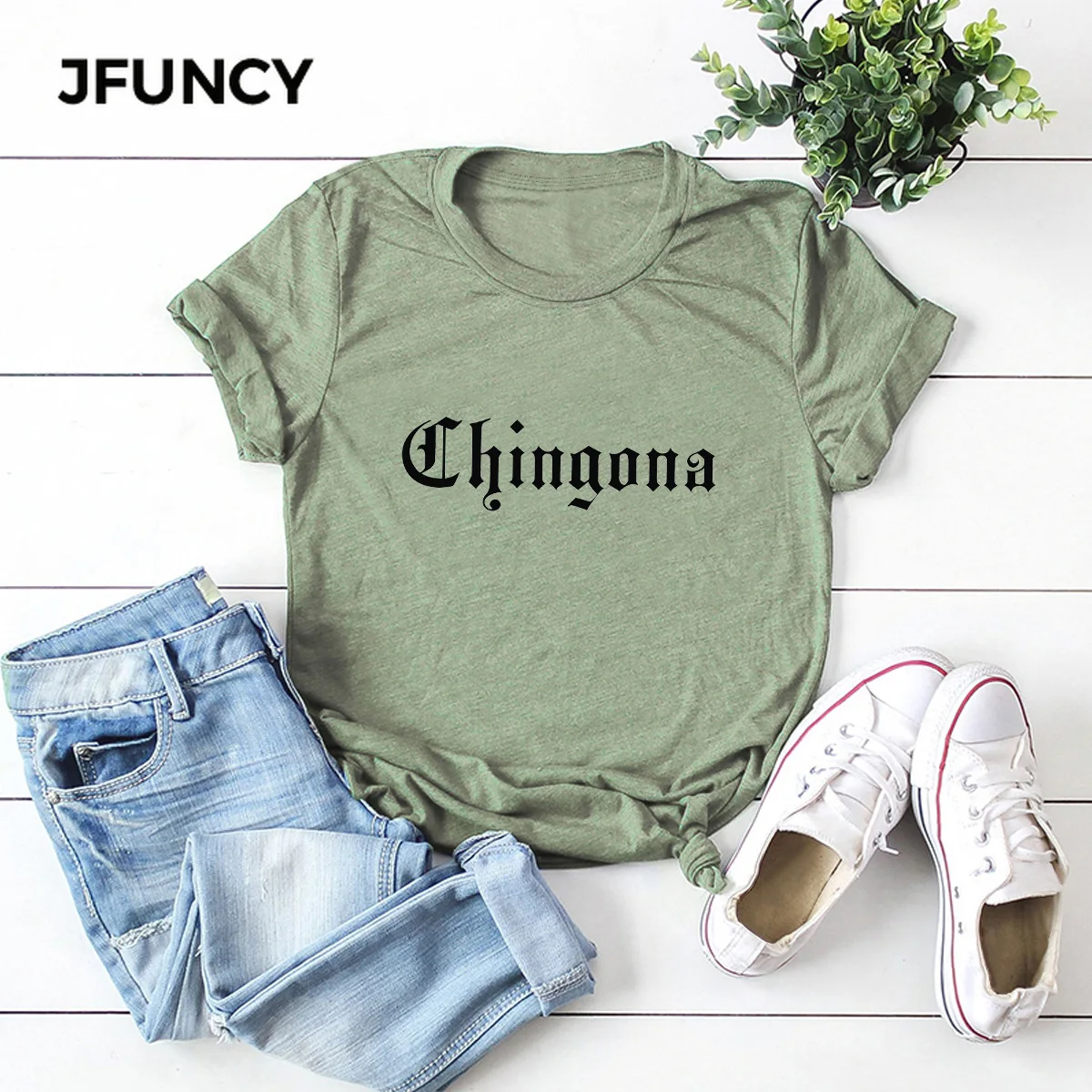 JFUNCY Chingona Letter Print 100%Cotton Summer T Shirt Women Short Sleeve T-shirt Female Tees  Casual Lady Basic Tops