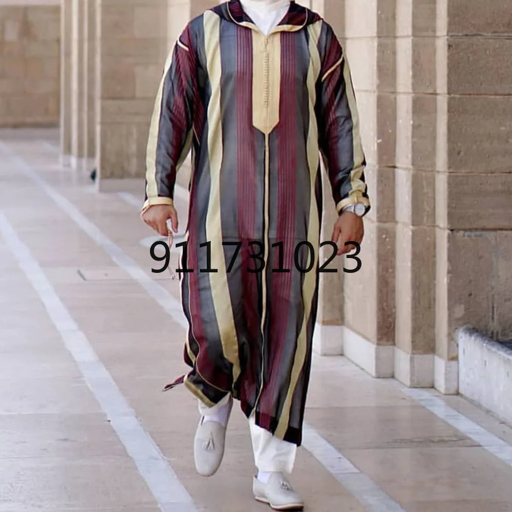 2021 New Muslim Striped Hooded Robe Men's Casual Long Shirt Loose T-shirt Large Size Traditional Dashiki Man's Clothes Oversized |