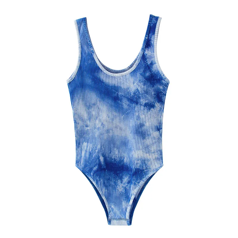 

Europe and The United States 2020 Summer New Slim Body Matching French Blue Tie-dyed Waist Suspenders Bottom Jumpsuit Women