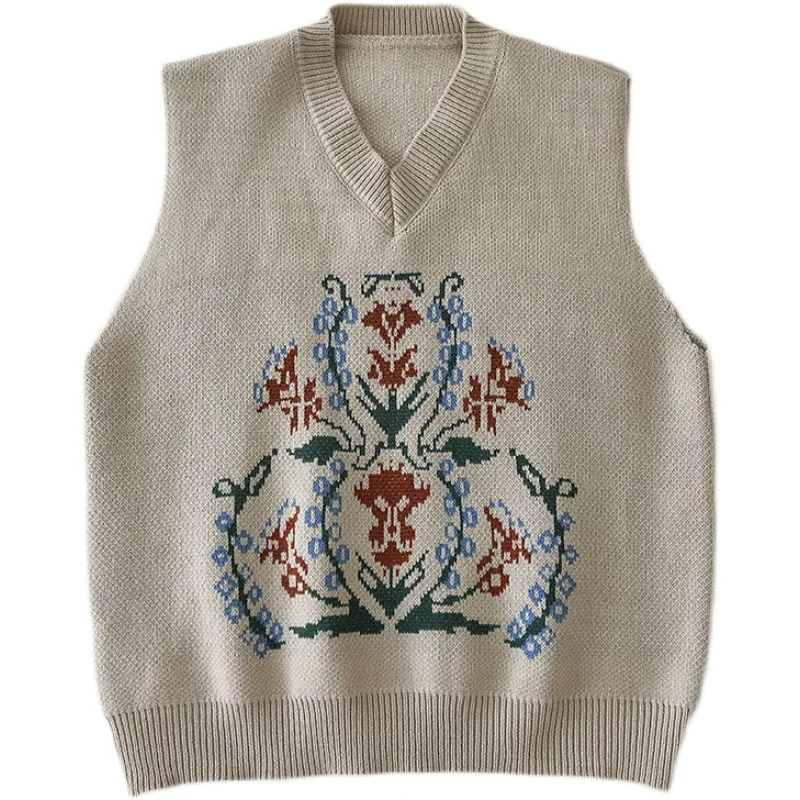 

Kimutomo Vintage Jacquard Knitted Vest Women 2021 Spring Autumn Outwear Loose Female V-neck Sleeveless Pullover Korea Chic