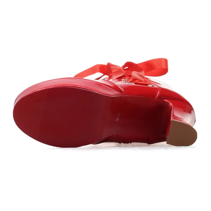 Женские лакированные сапоги до колена красные из лакированной кожи на платформе