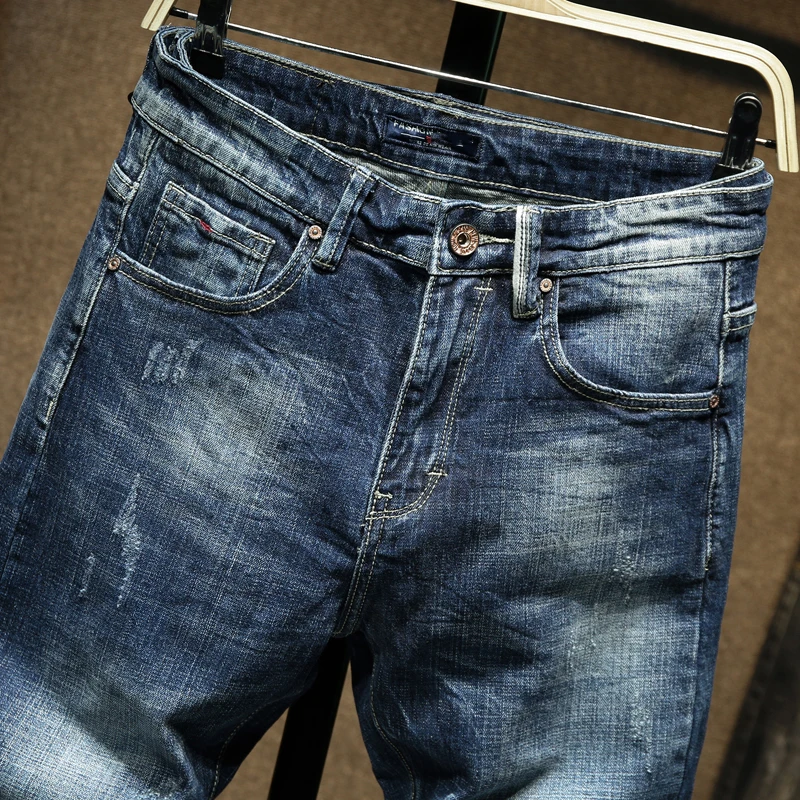 Джинсы мужские облегающие модные синие эластичные брюки из денима роскошные