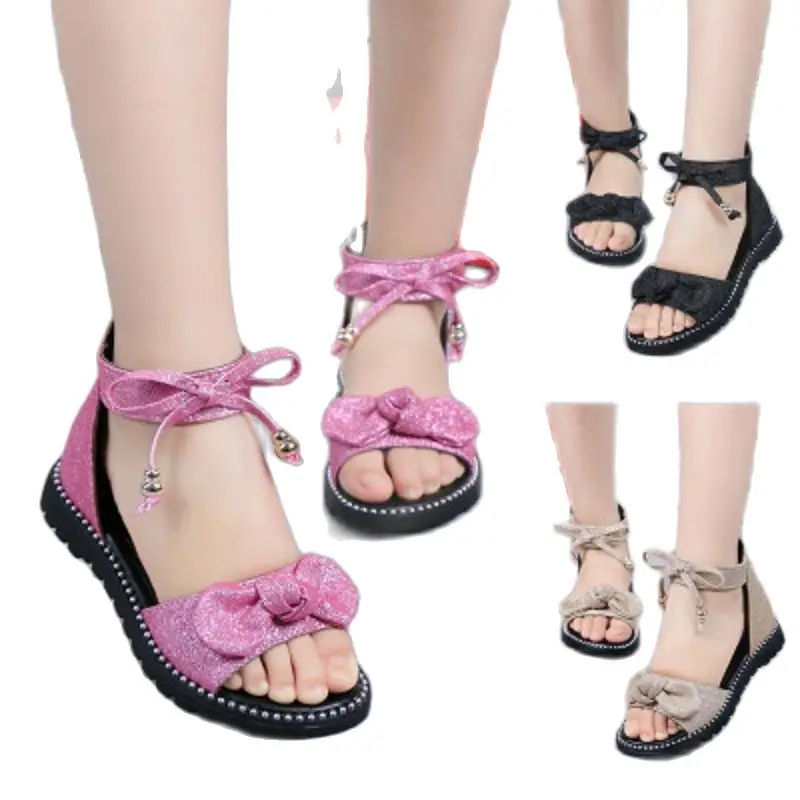 Сандалии для девочек Летняя обувь с милым бантом в римском стиле Цвет черный