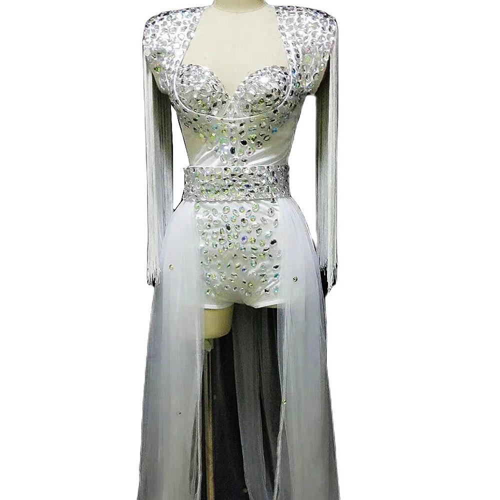

Handmade Sparkling Rhinestones Three-Piece Suit Women Long Tassel Floor-Length Mesh Gauze Trailing Party Evening Dance Costume