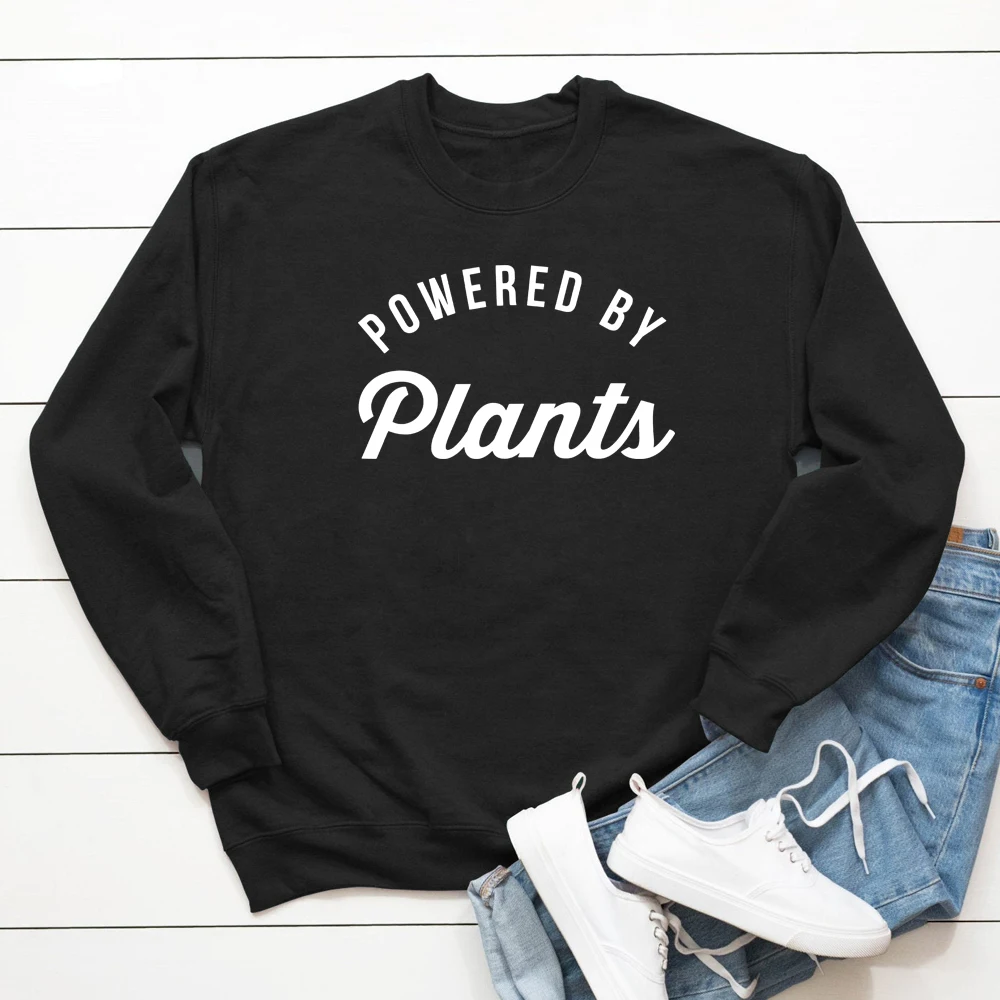 Powered By Plants 100% Cotton Sweatshirt Unisex Long Sleeve Vegan Pullovers Casual Women Crewneck Jumper Vegetarian Sweatshirts | Женская