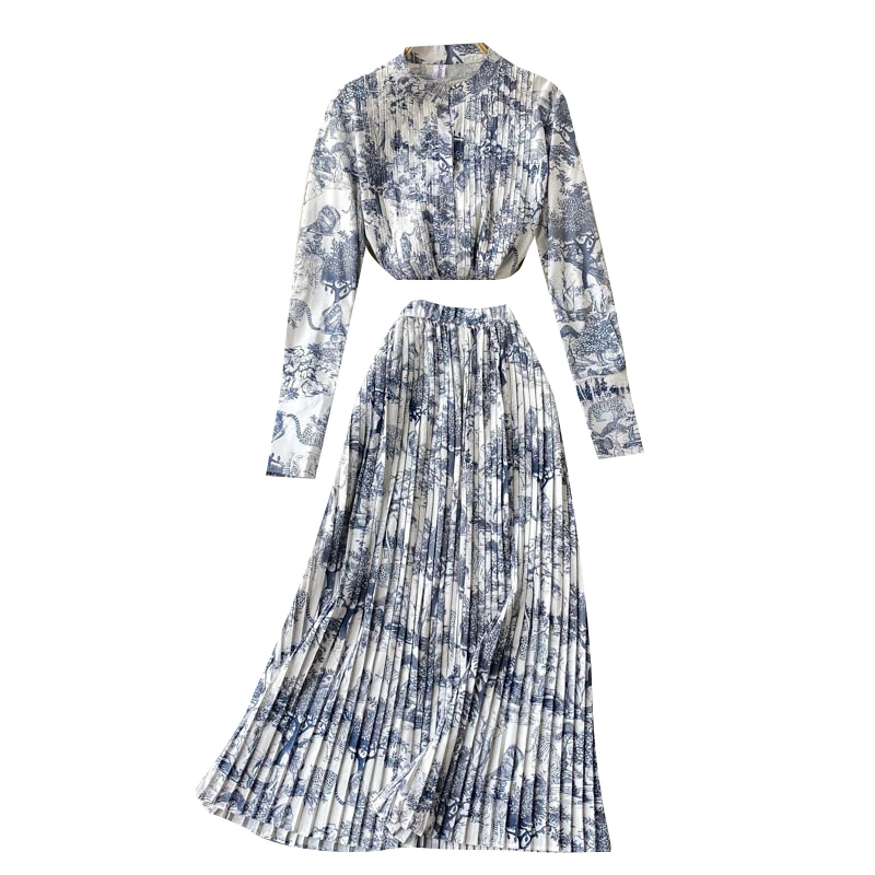 

Women Elegant Pleats Two Piece Sets New 2021 Spring Autumn Long Sleeve Blouse and A-line Midi Skirts Outfits Women Chiffon Sutis