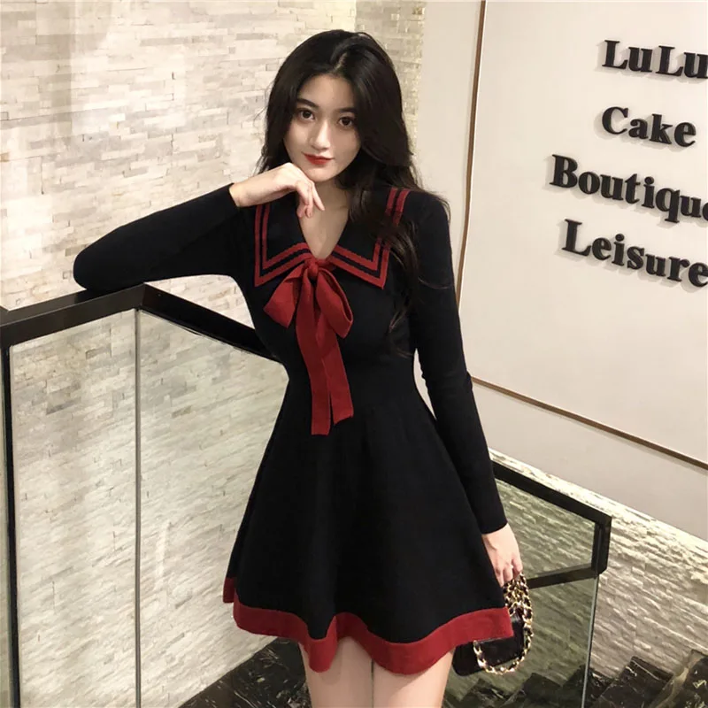 

Women Spring and Autumn Dress Bow New Knitted Temperament Mini A-Line Sexy Sweet Long Sleeve Vestidos Female GD243