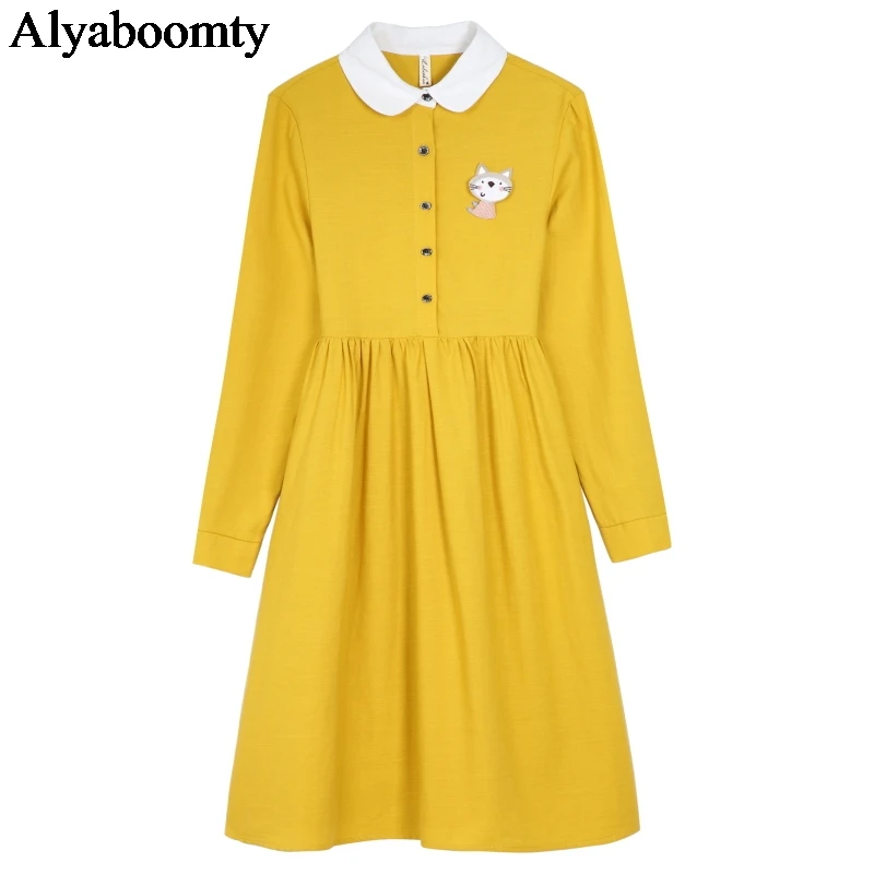 

Japanese Mori Girl Autumn Spring Women Fresh Dress Turn-Down Collar Yellow Green Cartoon Vestidos Mujer Long Sleeve Cotton Dress