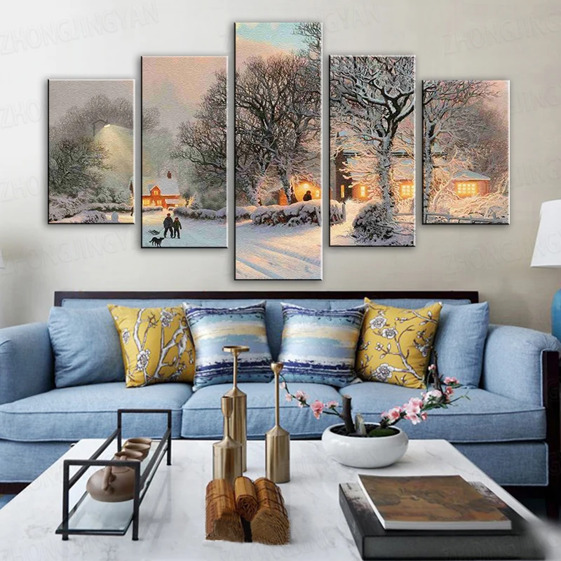 Картина на холсте настенное искусство удобная винтажная зимняя деревня Снежная