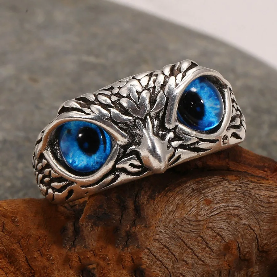 

Retro Cute Men Women Simple Owl Rings Charm Vintage Blue Eyes Animal Bird Owl Adjustable Ring Engagement Wedding Jewelry Gift