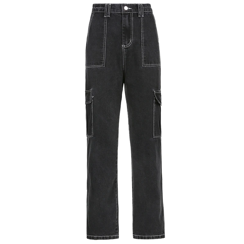 

Rockmore Pockets Baggy Jeans 100% Cotton Straight Trouser Women Harajuku Denim Cargo Pants High Waist Korean Fashion Streetwear