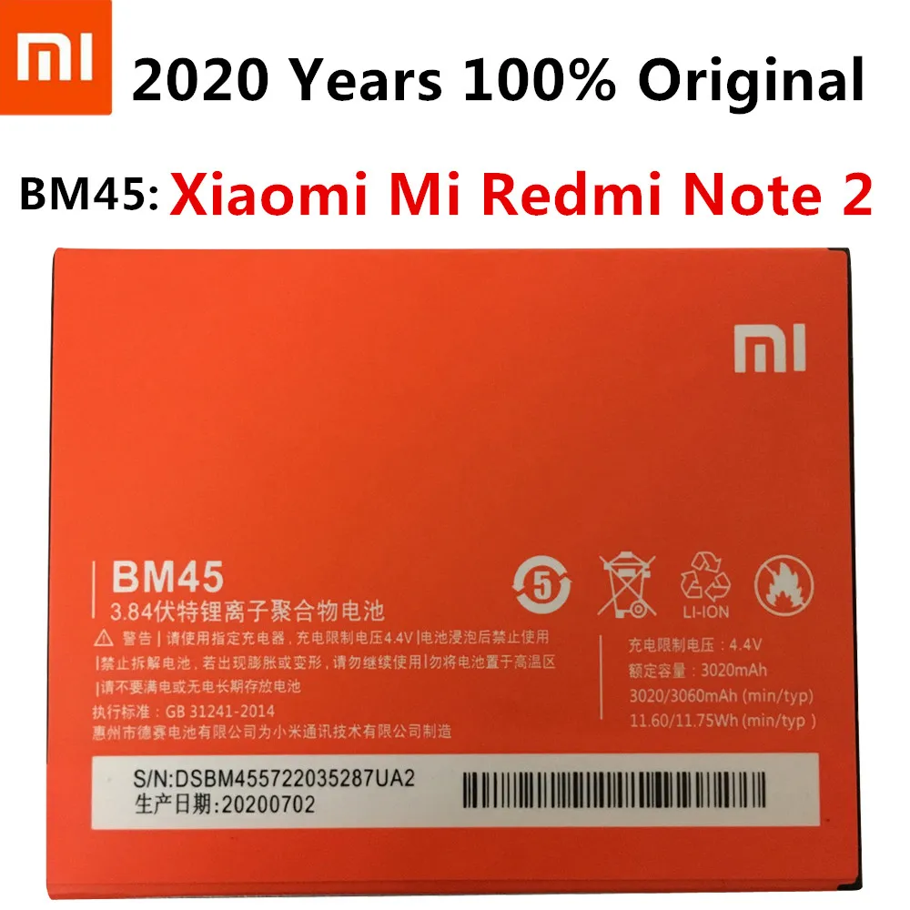 

Оригинальный аккумулятор BM45 для Xiaomi Redmi Note 2 Hongmi Note2, сменные батареи с реальной емкостью 3020 мАч