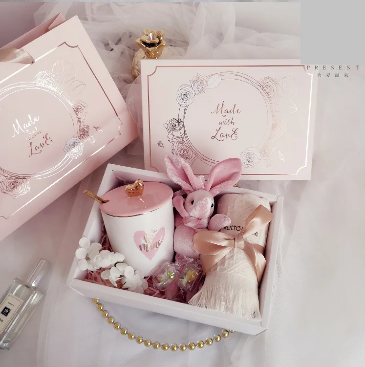 

return gift for wedding favor lady birthday Christmas New Year gifts set pink mug rabbit doll cotton face towel candy box bag