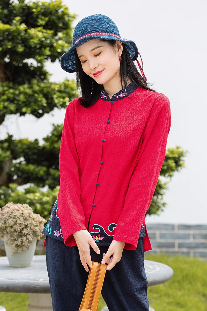 Национальный стиль ретро Красная Вышивка с длинными рукавами куртка женская