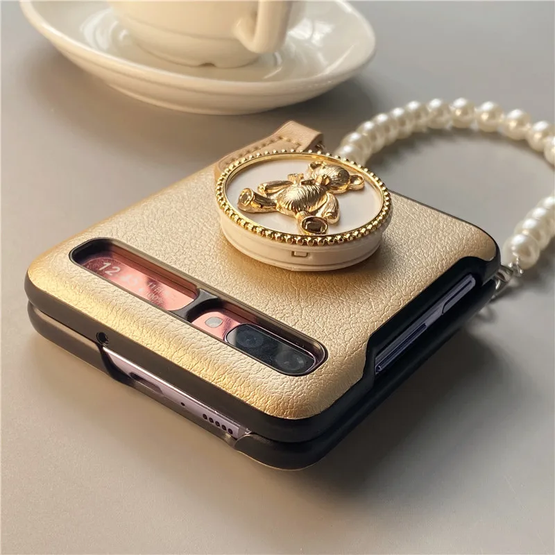 classic bear cases for samsung zflip case leather lanyard bracket diagonal folding phone case for samsung z flip 5g f7070 f7000 free global shipping