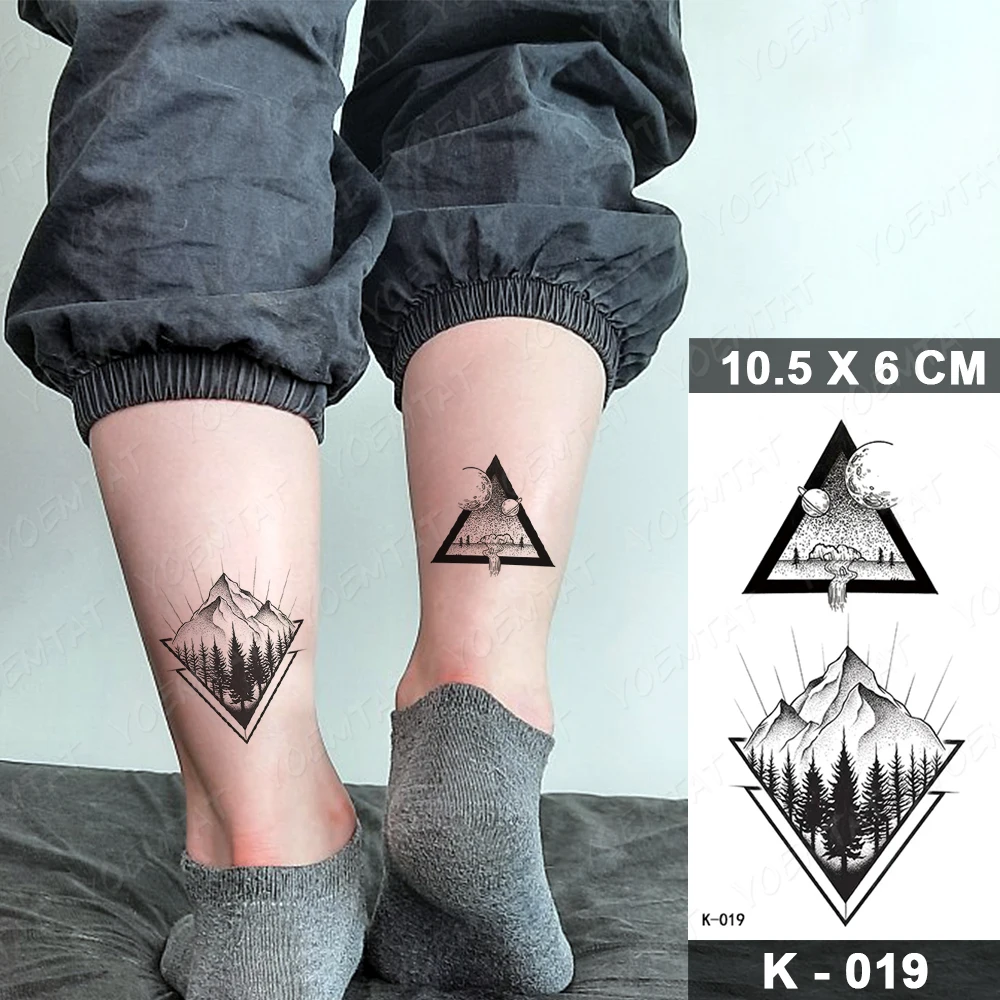 

Mountain Temporary Tattoo Sticker Forest Outer Space Planet Triangle Black Tatu Leg Ankle Ankle Men Women Glitter Kids Body Art