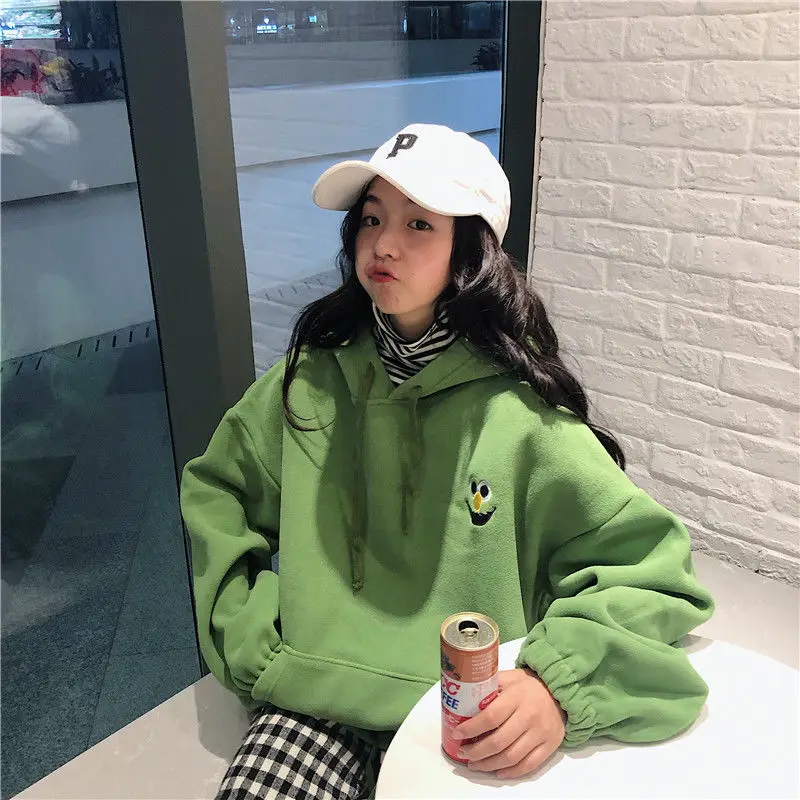 

Japanese Sweet Smurf Embroidery Hoodie Pullover Girls Cute Clothes Winter Oversized Hoodies Women Fleece Warm Pocket Sweatshirt