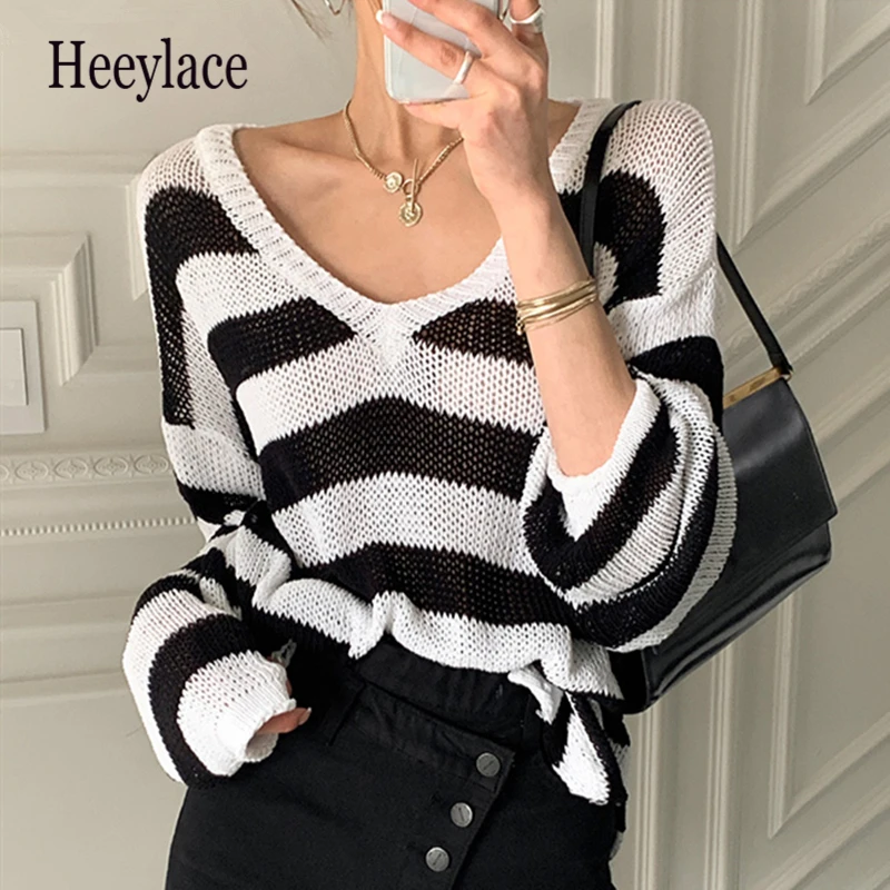 

2021 Spring Autumn New Women Sweater V-Neck Pullovers Knitted Striped Split Korean Oversize Wild Elegant Lady Jumpers