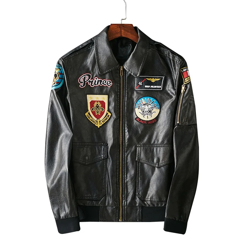 

2021 Embroidery PU Pilot Jackets Men Black Turn-down Collar Zipper Rib Sleeve Streetwear Motorcycle Faux Leather Winter Coats