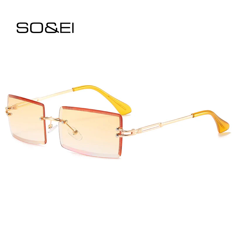 

SO&EI Fashion Small Rectangle Rimless Sunglasses Women Vintage Clear Colorful Gradient Lens Eyewear Men Shades UV400 Sun Glasses