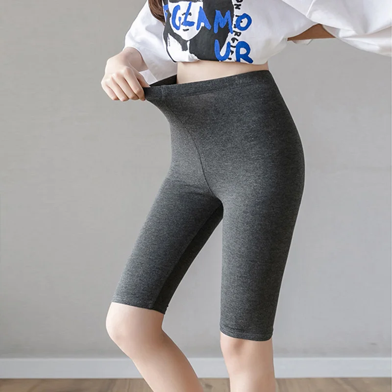 Grey Casual Solid Leggings Women Wide Waistband High Elasticity Short Leggings Summer Modern Leggins Lady Women Pants Trousers