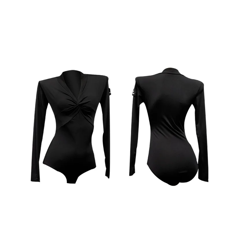 

Latin Dance Suit Female Adult New Jumpsuit V-neck Knit Jumpsuit Practice Clothes Black Salsa Dance Dress