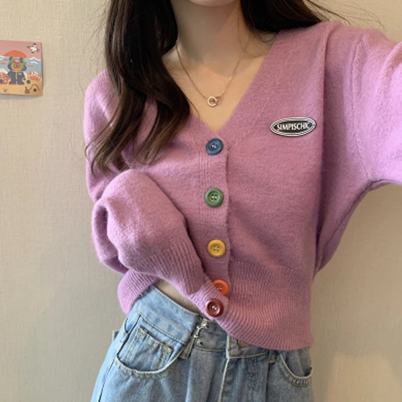 

2020 New Korean Sweet Cardigan Sweater Women Single Breasted V-neck Long Sleeve Knitted Sweater S-4XL Short Cardigan 6 Colors