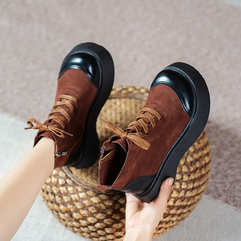 

2021 Women Autumn Round Toe Thick Bottom Boots Platform BootsBritish Style Ankle Woman Lace-up Zipper Casual Short Botas Boots