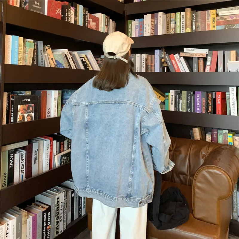 

2021 new spring and autumn all-match loose POLO collar single-breasted tooling denim jacket women's jacket women