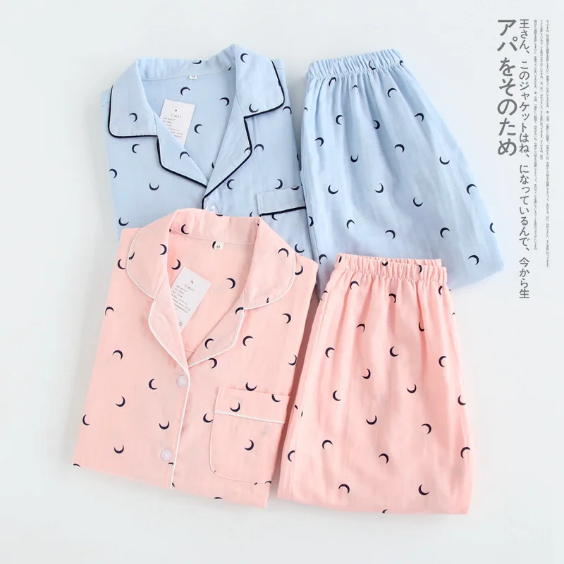 

Summer Couple Pajamas Pure Cotton Gauze Short-sleeved Men Woman Pajamas with Shorts Moon Soft Comfortable Loose Thin Home Wear